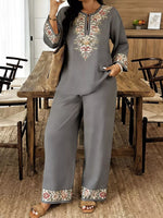 Full Size Embroidered Long Sleeve Top and Pants Set Plus Size