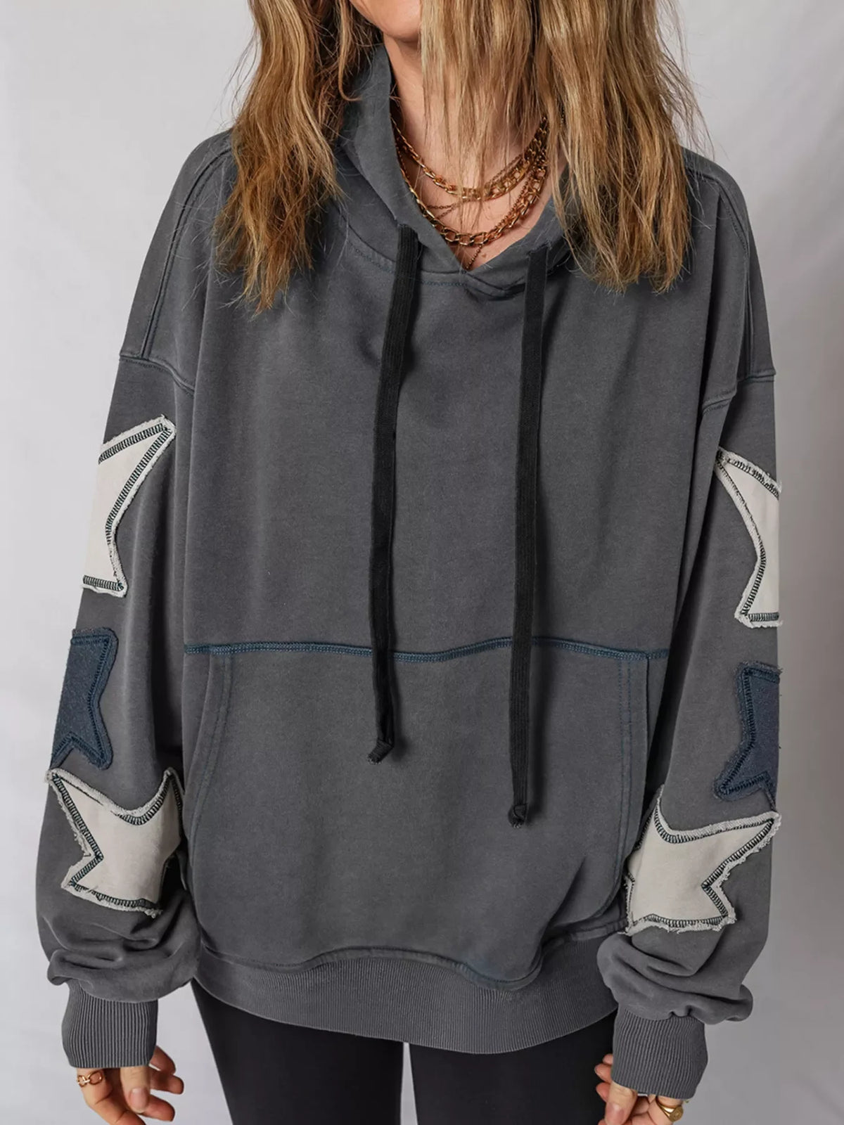 Star Patchwork Contrast Stitching Mineral Wash Kangaroo Pocket Hoodie