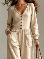 V-Neck Long Sleeve Button-Down Wide Leg Jumpsuit