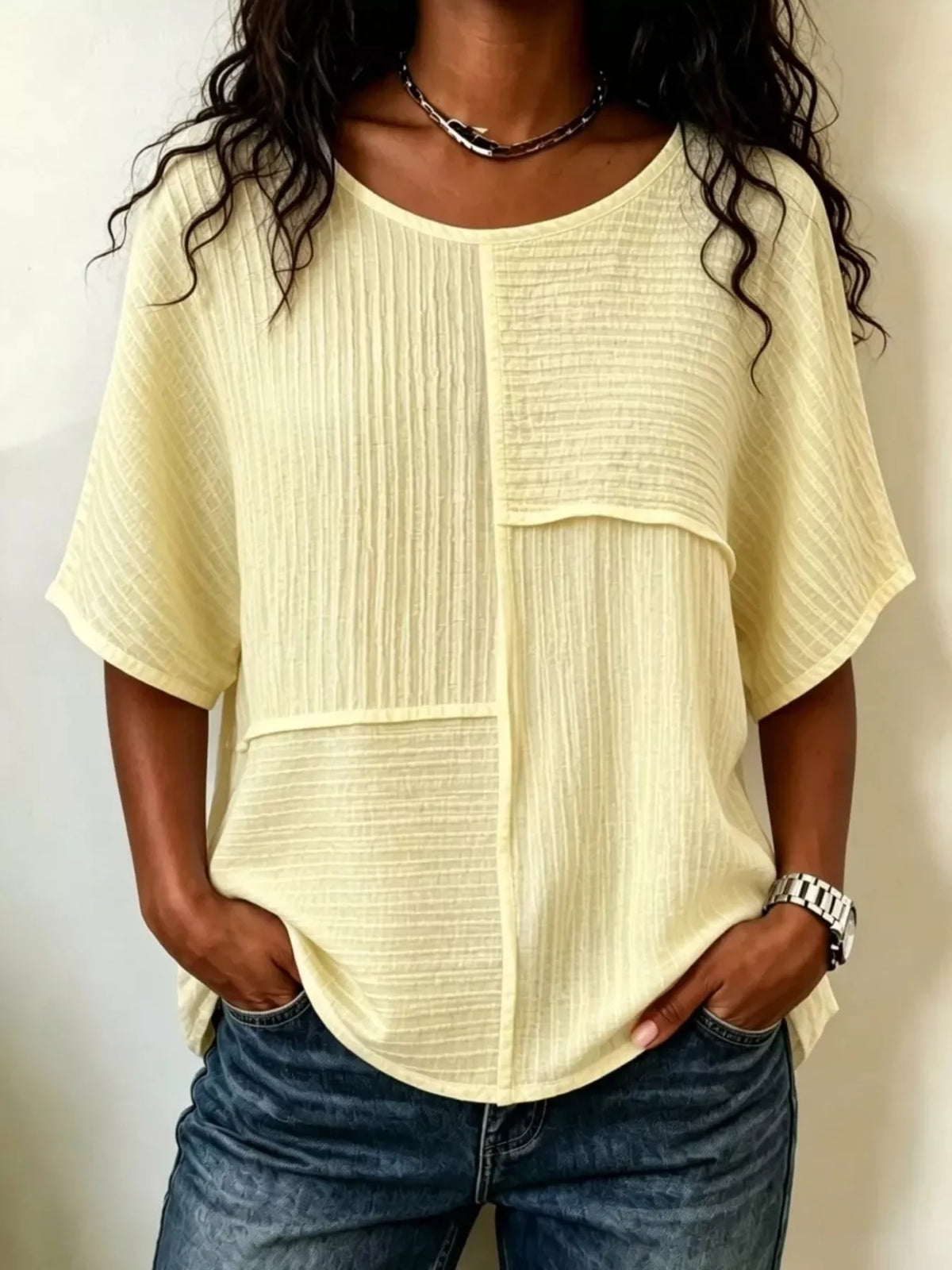 Full Size Texture Round Neck Half Sleeve Blouse Plus Size