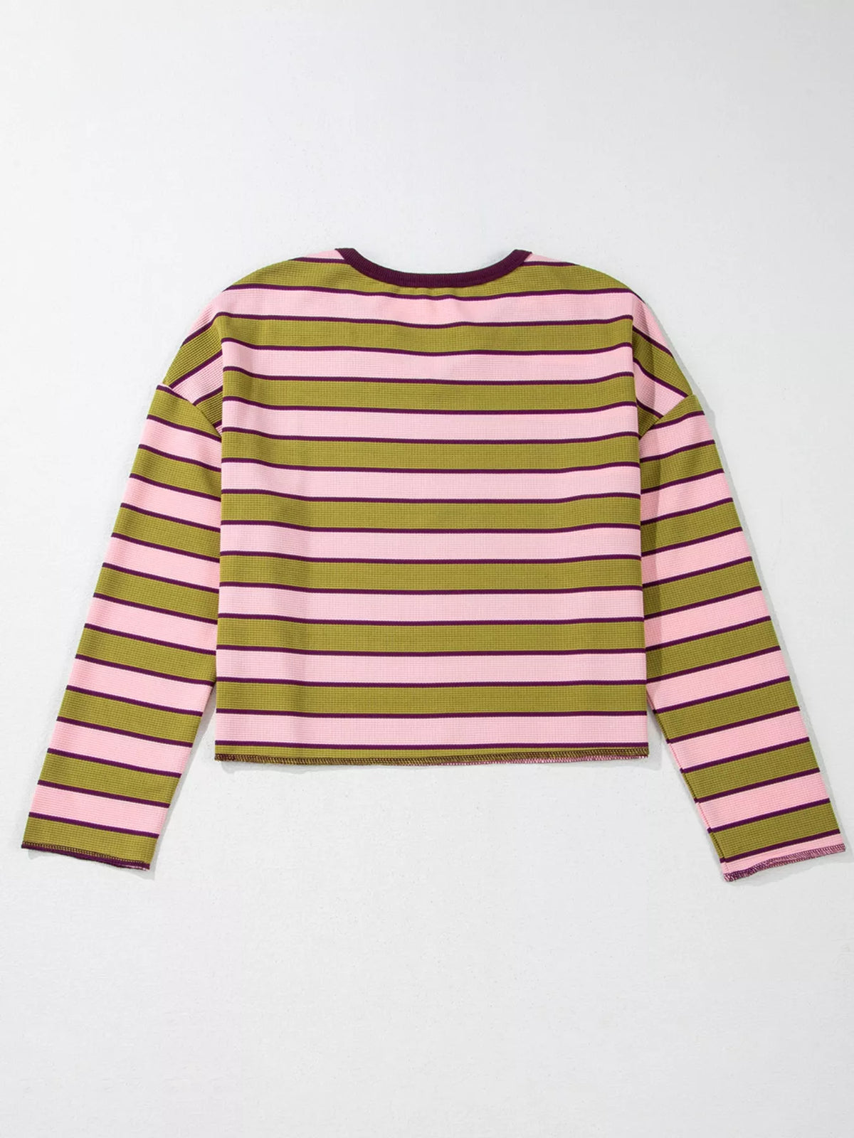 Stripes Waffle Texture Notched Neck Long Sleeve Top