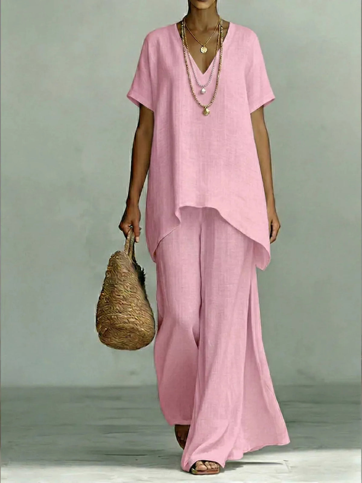 Full Size V-Neck Top and Wide-Leg Pants Set Plus Size