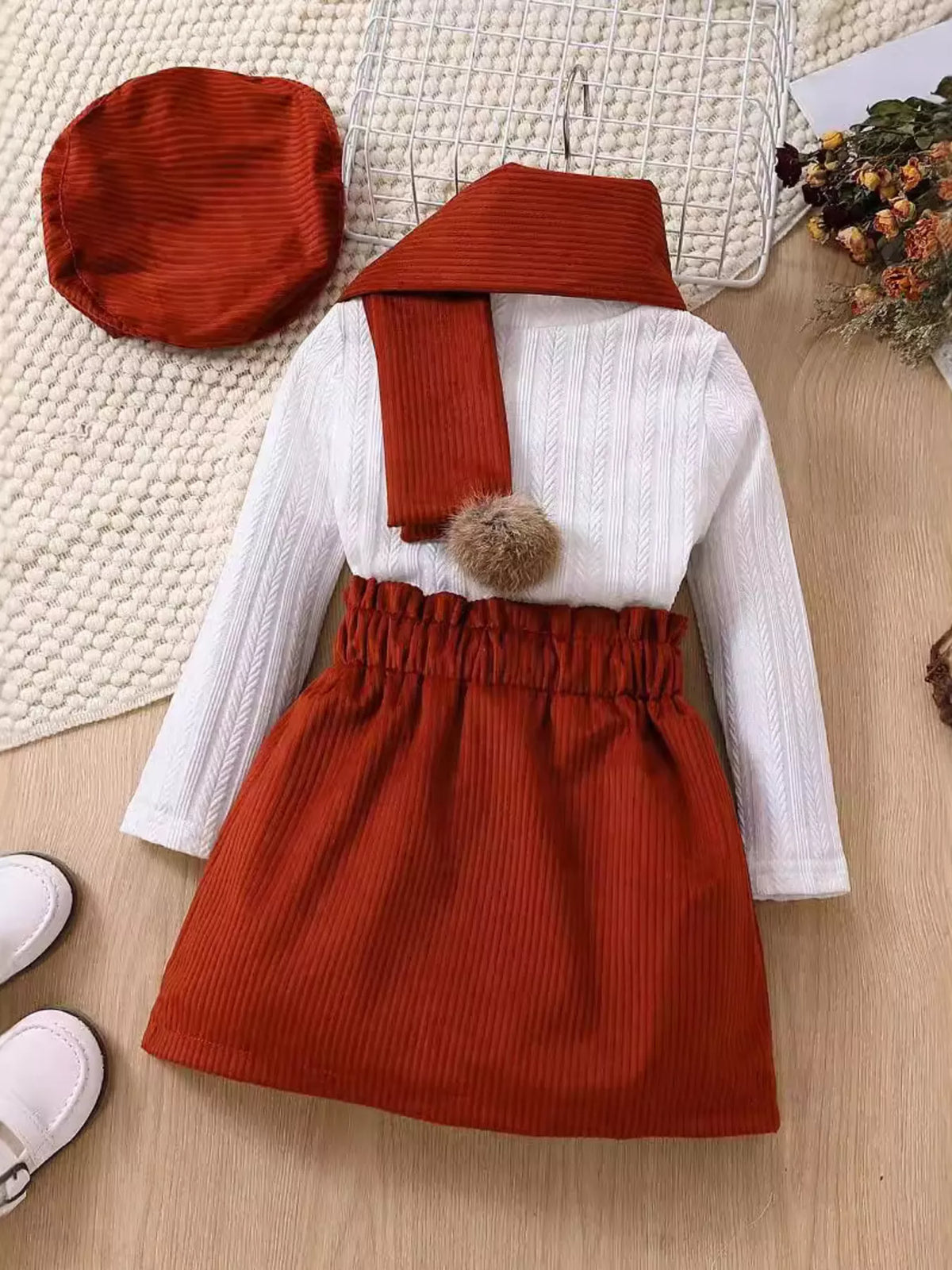 Children's Texture Knit Top and Skirt Set with Scarf & Beret