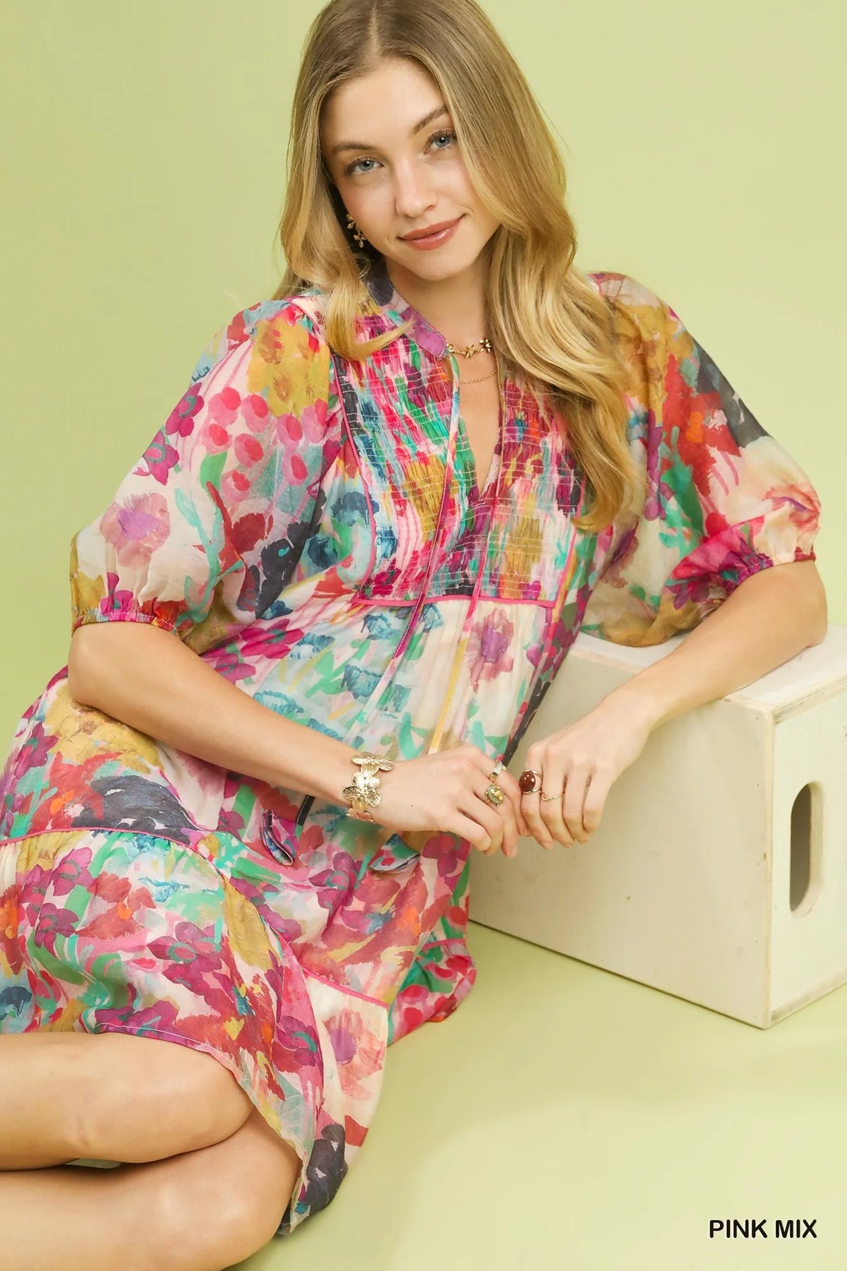 Umgee Mix Watercolor Floral Babydoll Dress
