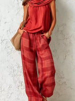Full Size Sleeveless Cowl Neck Top and Plaid Wide-Leg Pant Two-Piece Set Plus Size