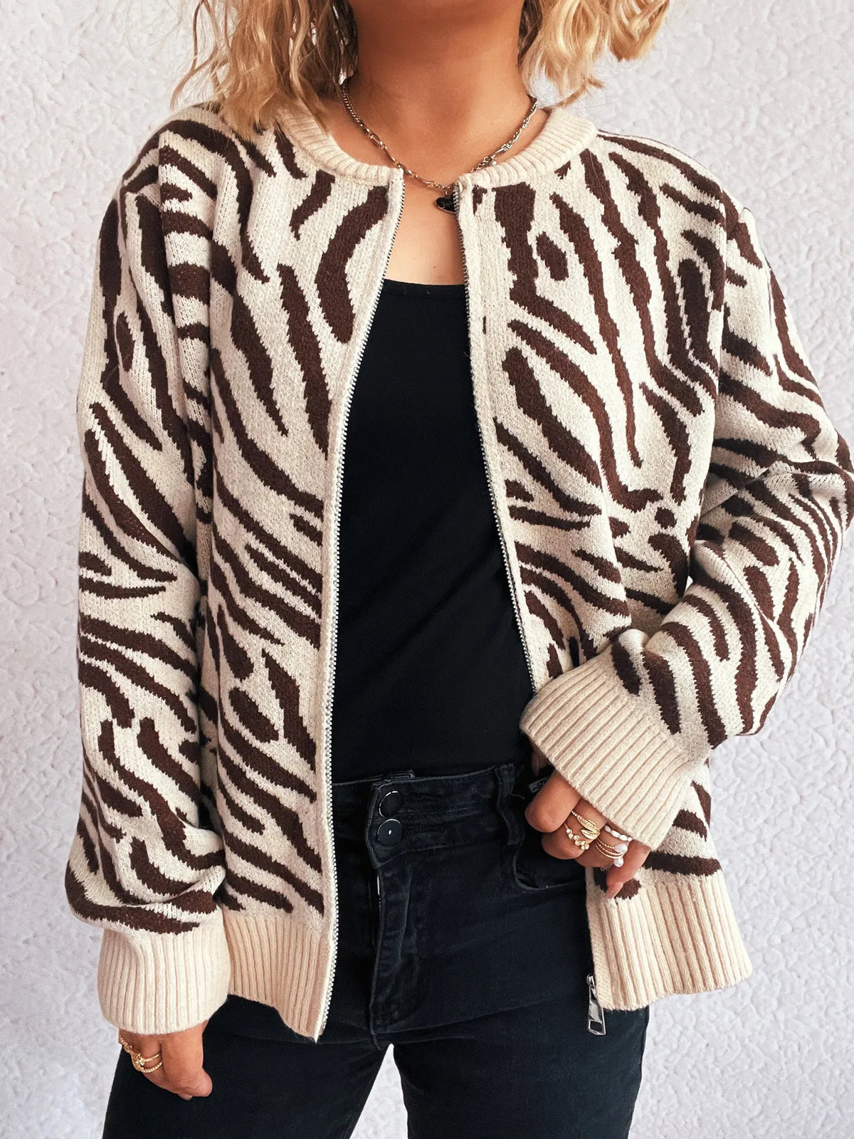 Zebra Print Zip Up Cardigan