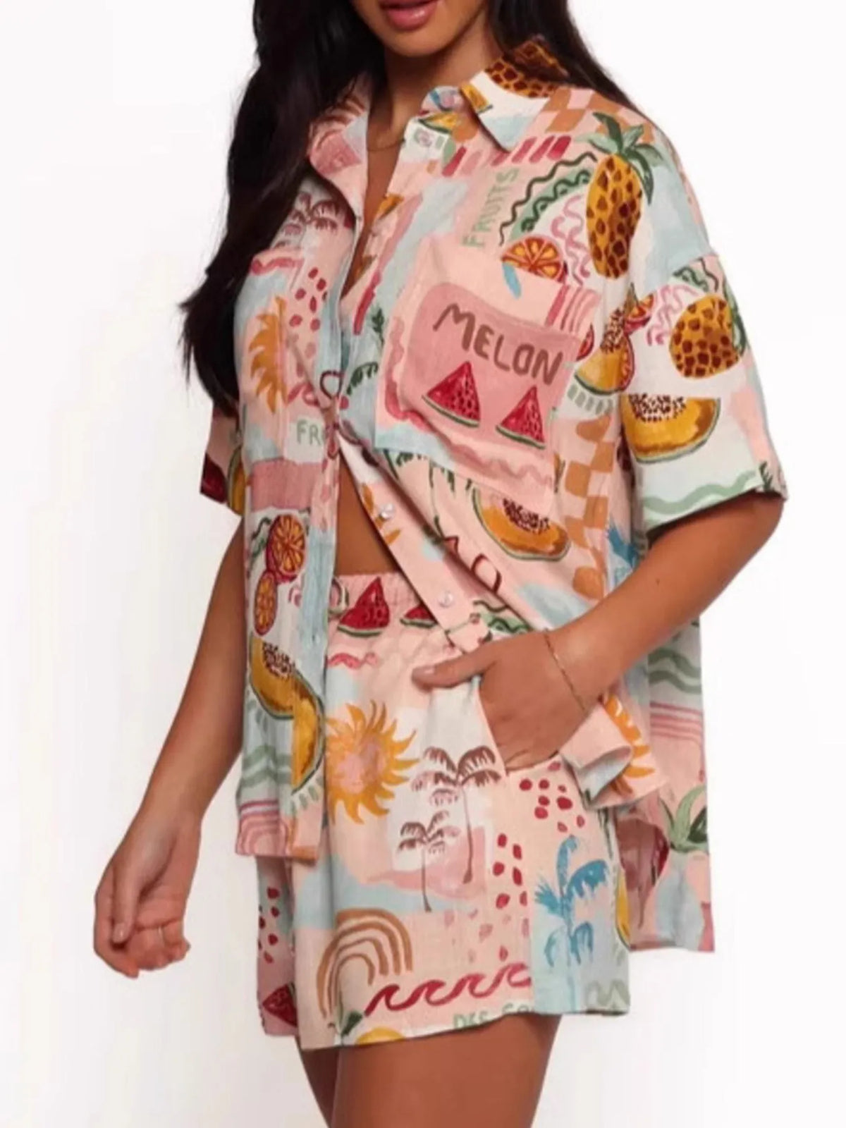 Printed Button Up Shirt and Shorts Set