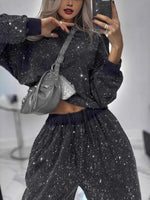 Full Size Sequin Round Neck Top and Pants Set Plus Size
