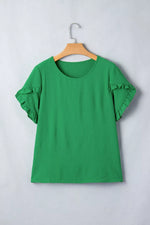 Solid Color Ruffle Trim Short Sleeve Blouse