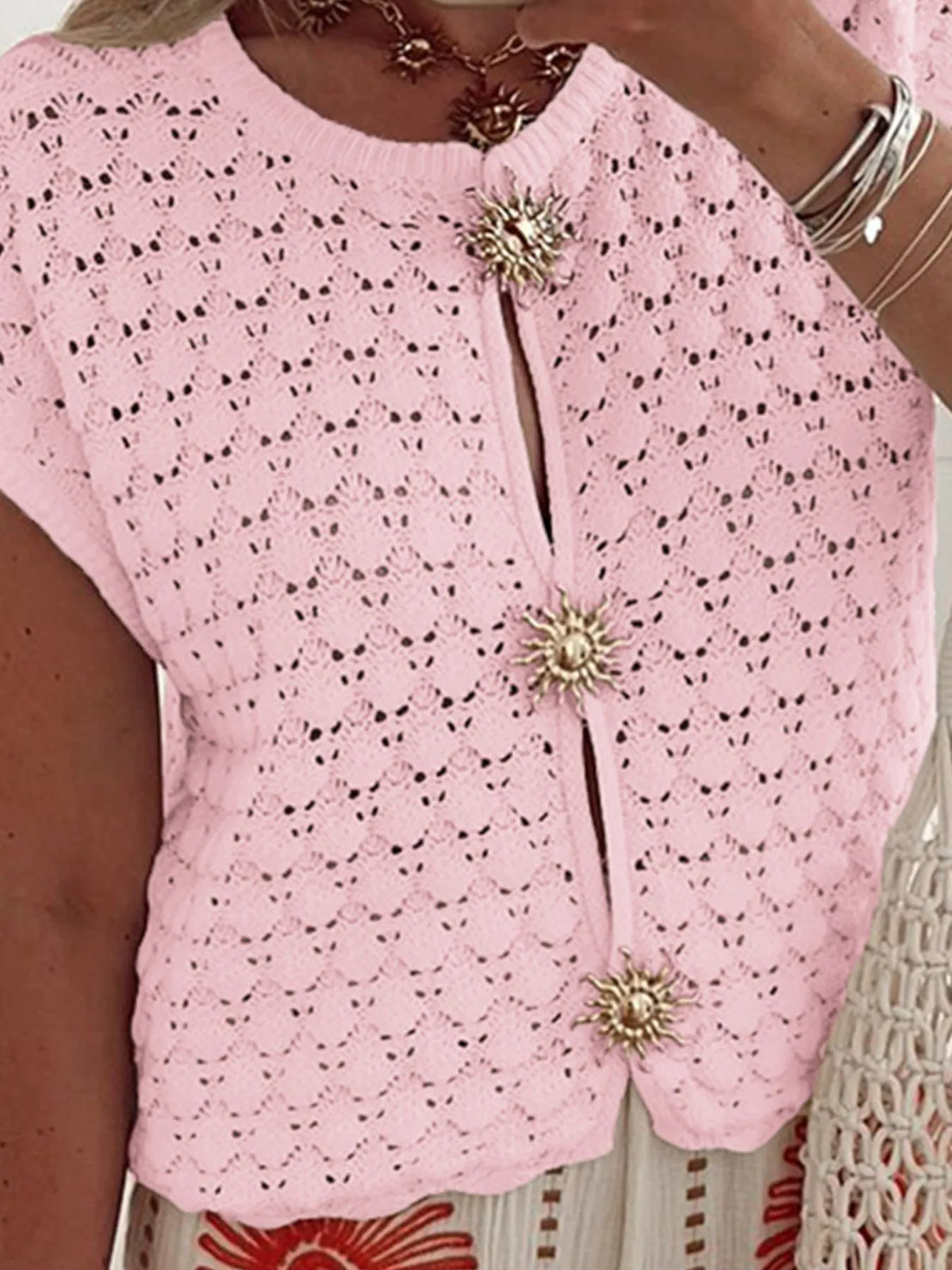 Crochet Short Sleeve Button Front Cardigan
