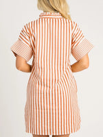 Stripe Pinched V Neck Turn-up Cuffs Shift Mini Dress