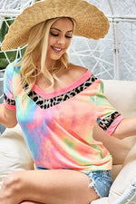 BiBi Rainbow Tie-Dye Leopard Trim V-Neck T-Shirt