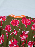 Floral Print Split Neck Short Puff Sleeve Ruffle Hem Dress