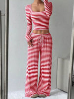 Striped Long Sleeve Crop Top and Wide Leg Pants Set