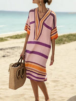 Full Size Striped Half Sleeve Midi Dress Plus Size