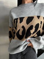 Leopard Color Block Round Neck Sweater