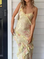 Floral Print Ruffle Trim Spaghetti Strap Maxi Dress