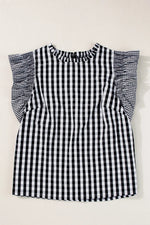 Ruffled Plaid Mock Neck Cap Sleeve Blouse
