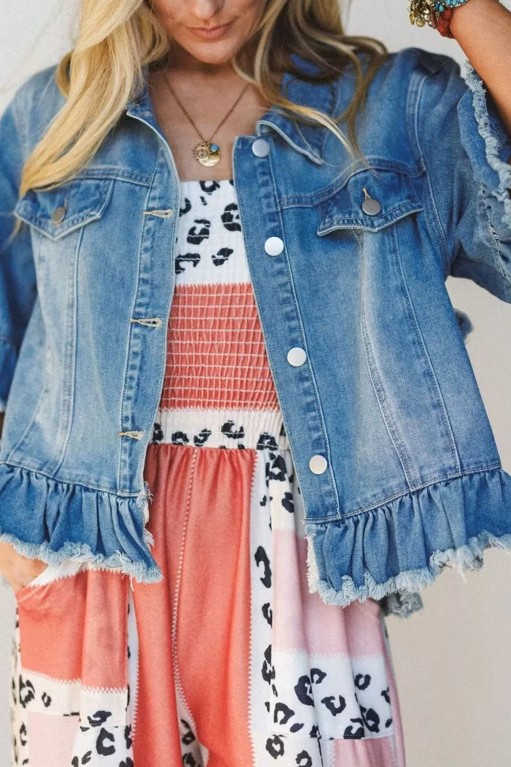 Ruffle Hem Raw Edge Half Sleeve Western Denim Jacket