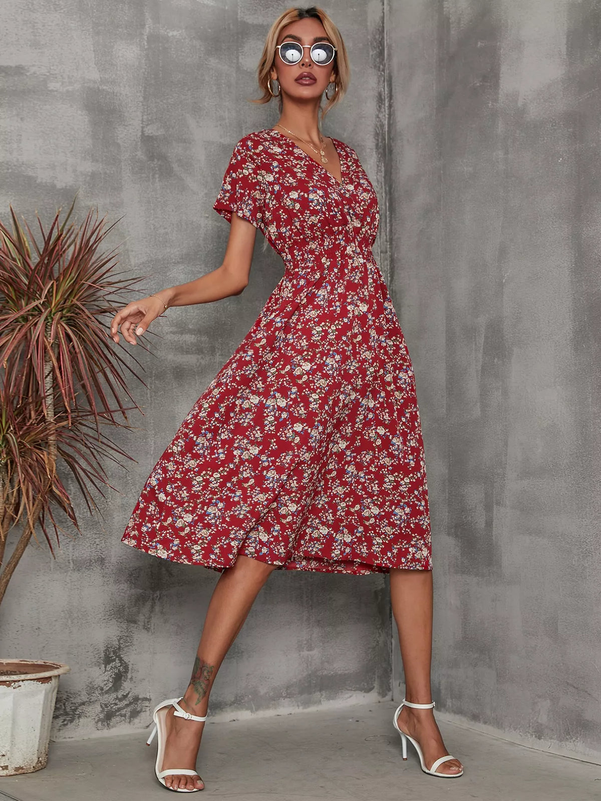 Printed Short Sleeve Midi Dress