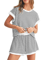Full Size Contrast Striped T-Shirt and Shorts Set Plus Size