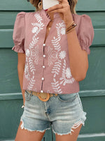 Embroidered Frill Notched Short Sleeve Blouse