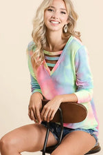BiBi Tie Dye French Terry V-Neck Top with Strapped