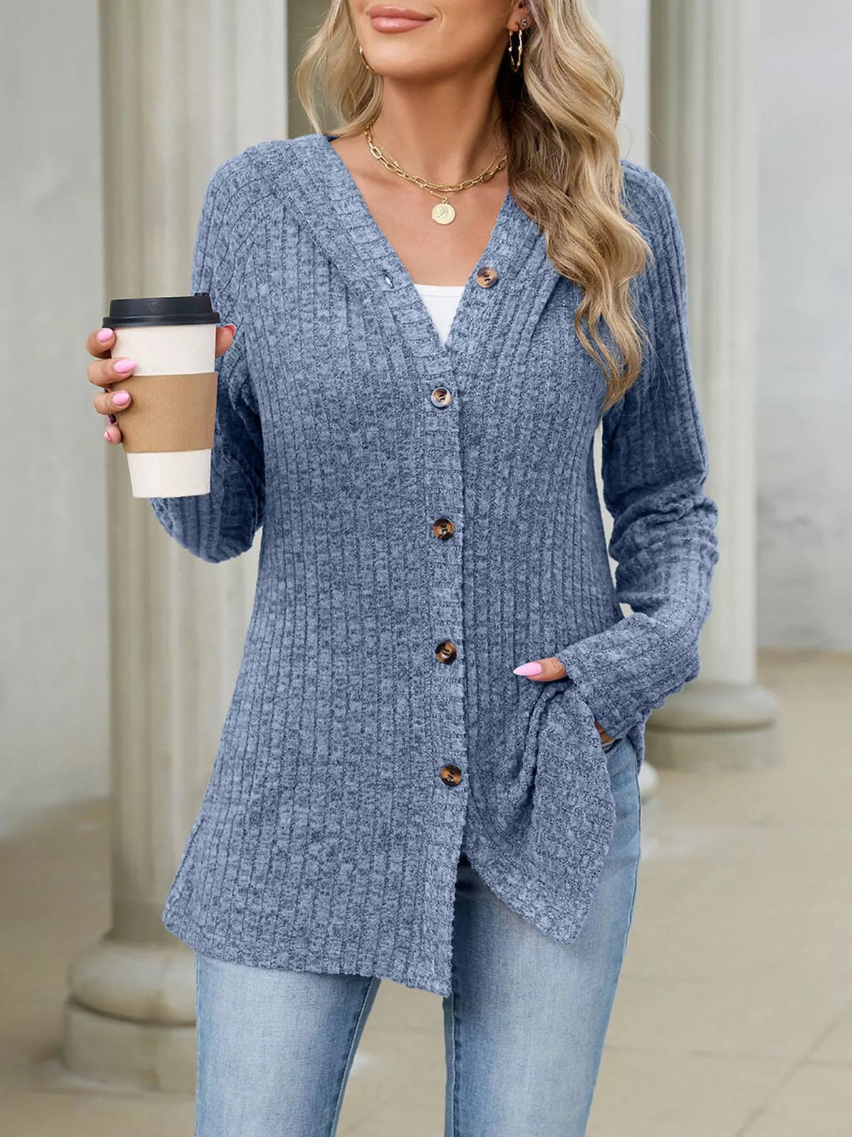 Ribbed Knit Hooded Button-Down Cardigan
