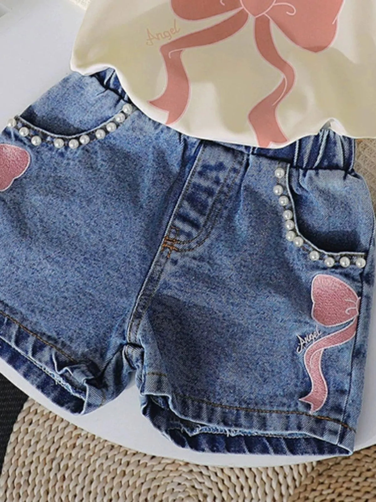 Children's Bowknot T-shirt and Denim Shorts Set