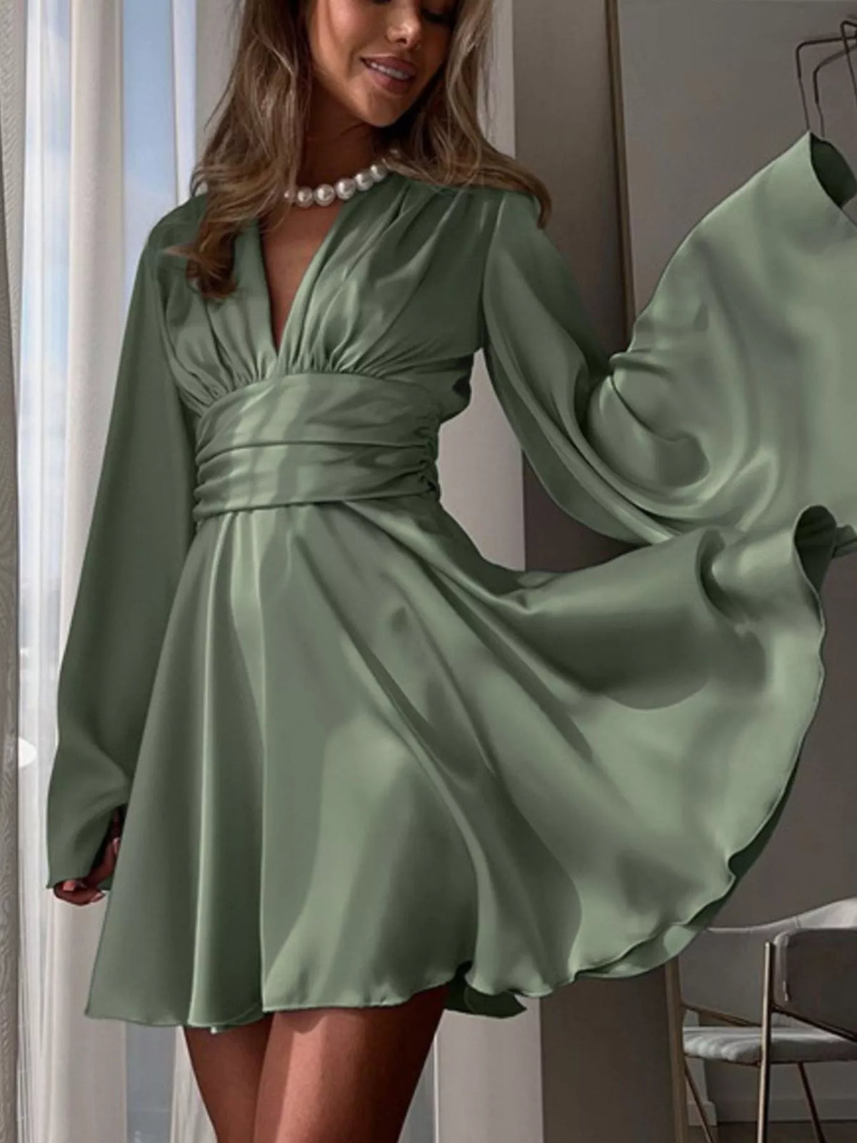 V-Neck Satin Mini Dress with Flowy Sleeves