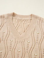 Pearl-Embellished V-Neck Pullover Sweater