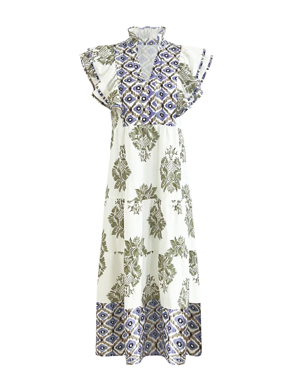 Printed Notched Ruffled Cap Sleeve Dress