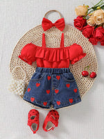Children's Ruffled Top & Heart Embroidered Denim Shorts Set