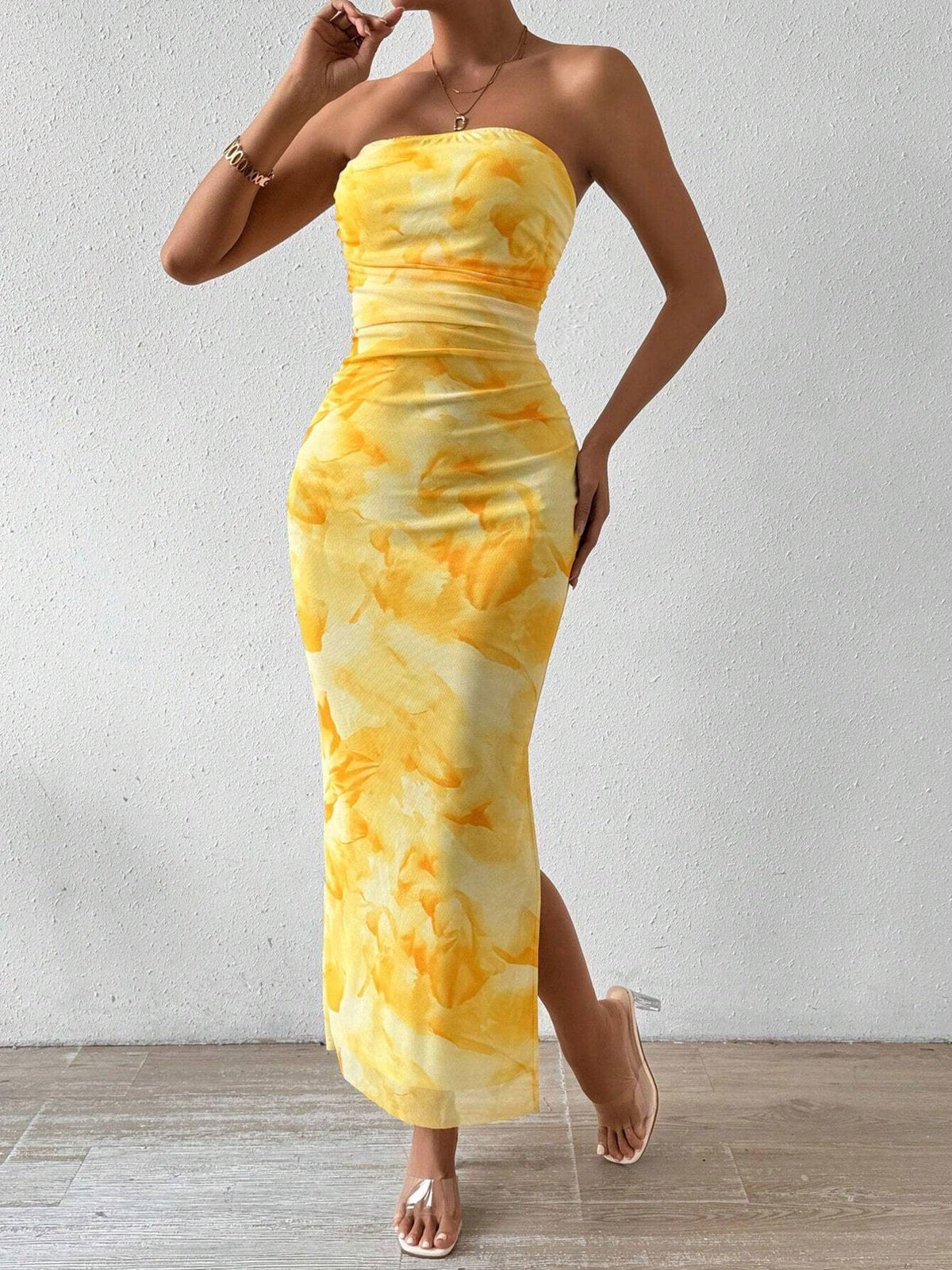Ruched Strapless Bodycon Midi Dress