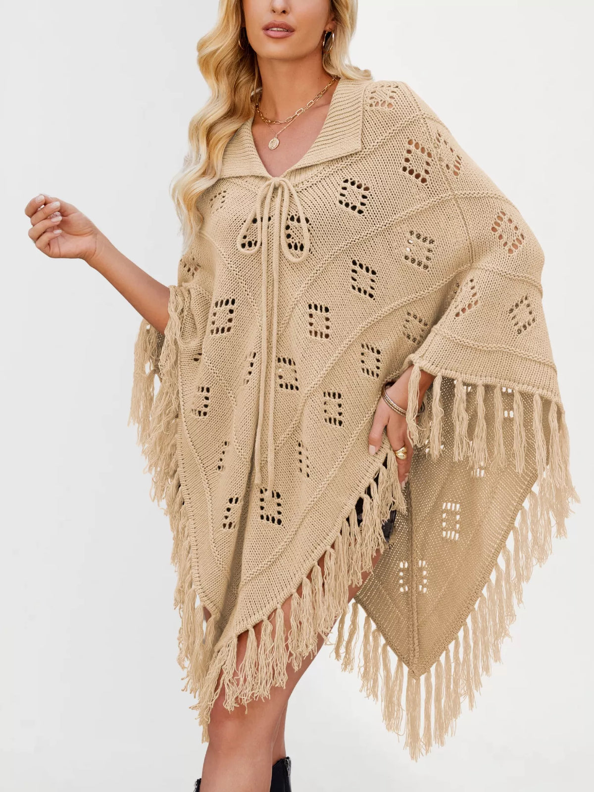 Fringe Openwork Knit Cover Up