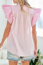 Stripe Contrast Trim V Neck Flutter Sleeve Blouse