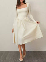Square Neck Long Sleeve Midi Dress