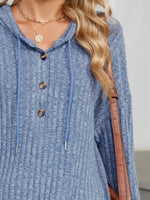 Casual Ribbed Knit Button Detail Hoodie