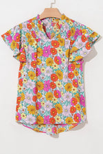 Floral Print Shirred Tiered Ruffled Sleeve Blouse