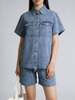 Button Up Short Sleeve Top and Shorts Denim Set