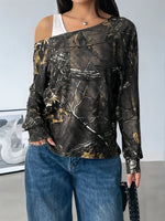 Asymmetrical Neck Printed Long Sleeve Top