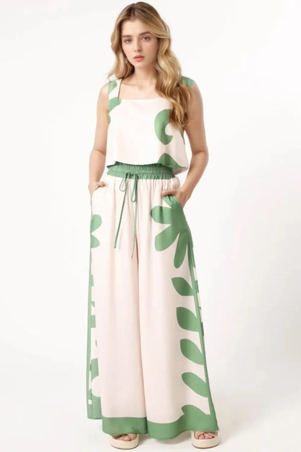 Leaf Print Tank Top and Pants Set