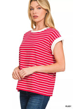 Zenana Full Size Contrast Trim Cap Sleeve Stripe Tee Plus Size