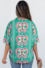 Boho Abstract Print Contrast Striped Collared V Neck Blouse