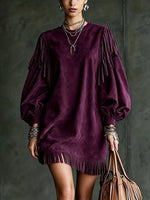 Fringe Detail Lantern Sleeve Mini Dress