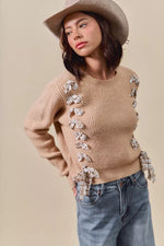 SO ME Checkered Plaid Tape Lace Up Ribbed Sweater