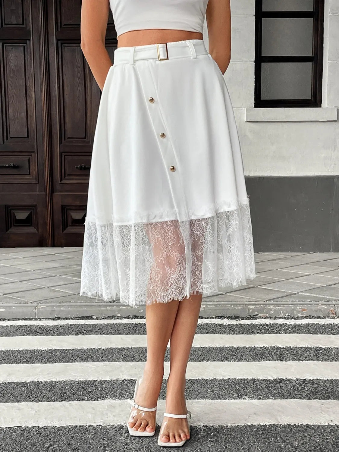 Lace Hem Detail Midi Skirt