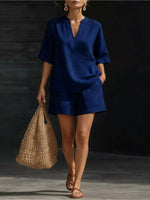 Notched Half Sleeve Top and Shorts Set