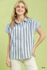 Umgee Striped Button Front Flutter Sleeve Top