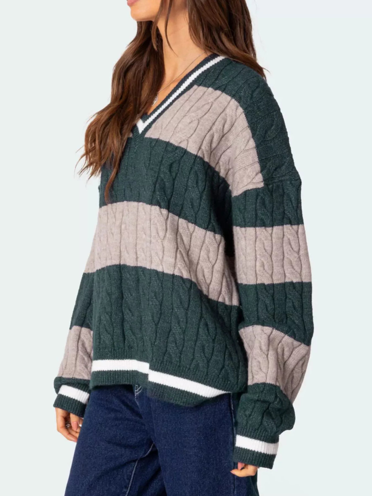 Striped Cable Knit V-Neck Sweater